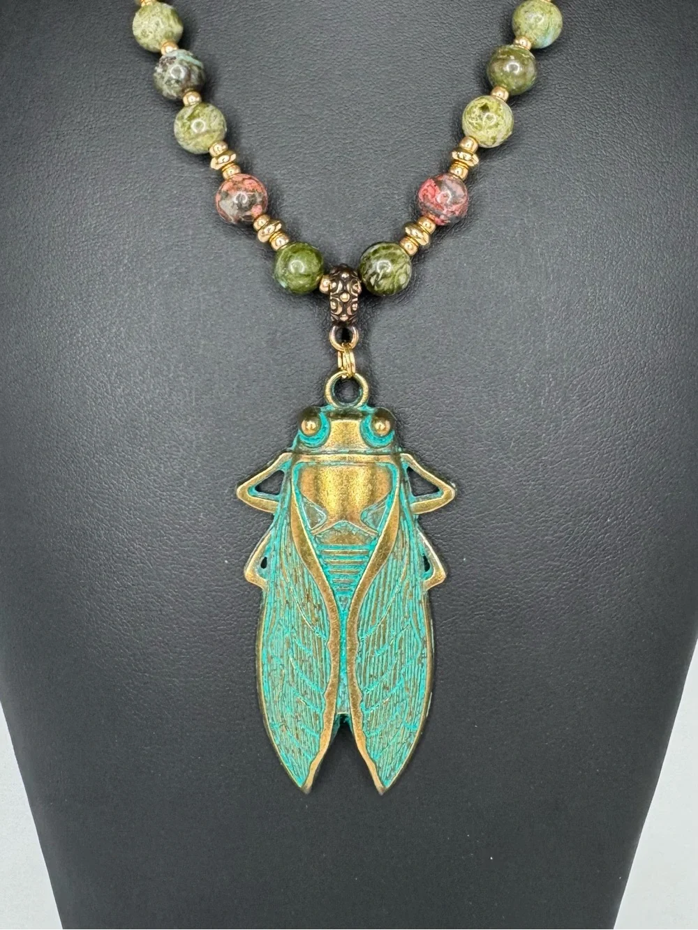 Artisan Verdigris Cicada Pendant Necklace Terra Cubes & Leopard Skin Jasper 20” - Picture 3 of 8